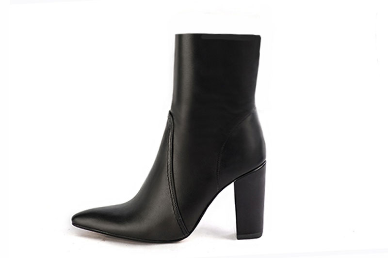 Dress ankle boots inside zip in satin black leather with high block heels and tapered toe - Profile view